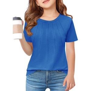 Haloumoning Girls Pleated T Shirts Kids Summer Short Sleeve Fashion Tops Tees 5-14 Years(Royal Blue)