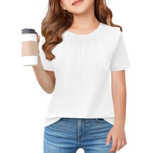 Haloumoning Girls Pleated T Shirts Kids Summer Short Sleeve Fashion Tops Tees 5-14 Years(White)
