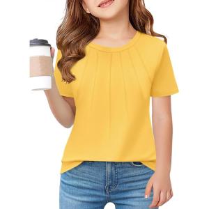 Haloumoning Girls Pleated T Shirts Kids Summer Short Sleeve Fashion Tops Tees 5-14 Years(Yellow)