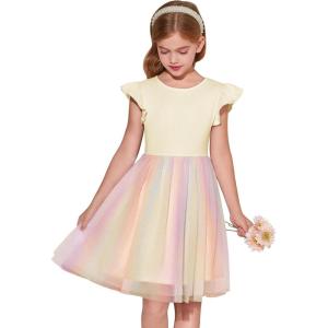 Haloumoning Girls Tutu Dress Ruffle Short Sleeve Fluffy Summer Party Tulle Dress for Kids 5-14Y(Apricot-rainbow)