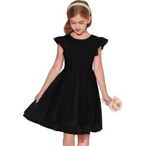 Haloumoning Girls Tutu Dress Ruffle Short Sleeve Fluffy Summer Party Tulle Dress for Kids 5-14Y(Black)