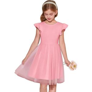 Haloumoning Girls Tutu Dress Ruffle Short Sleeve Fluffy Summer Party Tulle Dress for Kids 5-14Y(Bright Pink)