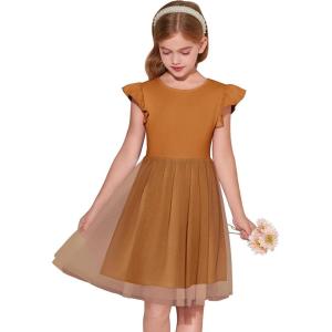 Haloumoning Girls Tutu Dress Ruffle Short Sleeve Fluffy Summer Party Tulle Dress for Kids 5-14Y(Brown)