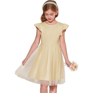 Haloumoning Girls Tutu Dress Ruffle Short Sleeve Fluffy Summer Party Tulle Dress for Kids 5-14Y(Khaki)