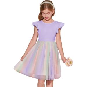 Haloumoning Girls Tutu Dress Ruffle Short Sleeve Fluffy Summer Party Tulle Dress for Kids 5-14Y(Light Purple-rainbow)