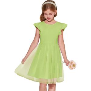 Haloumoning Girls Tutu Dress Ruffle Short Sleeve Fluffy Summer Party Tulle Dress for Kids 5-14Y(Neon Green)