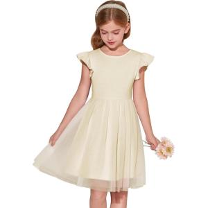Haloumoning Girls Tutu Dress Ruffle Short Sleeve Fluffy Summer Party Tulle Dress for Kids 5-14Y(Off-white)