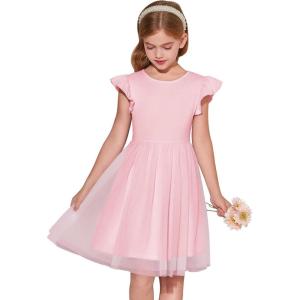 Haloumoning Girls Tutu Dress Ruffle Short Sleeve Fluffy Summer Party Tulle Dress for Kids 5-14Y(Pink)