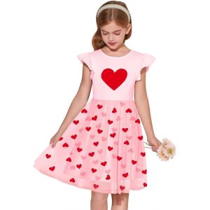 Haloumoning Girls Tutu Dress Ruffle Short Sleeve Fluffy Summer Party Tulle Dress for Kids 5-14Y(Pink-heart)