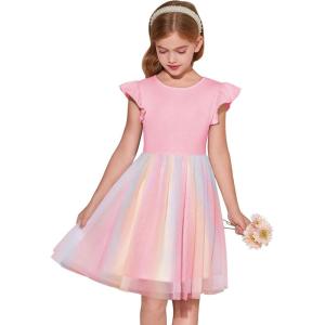 Haloumoning Girls Tutu Dress Ruffle Short Sleeve Fluffy Summer Party Tulle Dress for Kids 5-14Y(Pink-rainbow)