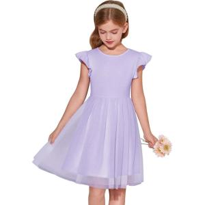 Haloumoning Girls Tutu Dress Ruffle Short Sleeve Fluffy Summer Party Tulle Dress for Kids 5-14Y(Purple)