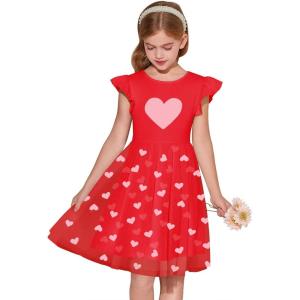 Haloumoning Girls Tutu Dress Ruffle Short Sleeve Fluffy Summer Party Tulle Dress for Kids 5-14Y(Red-heart)