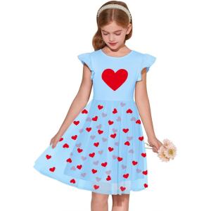 Haloumoning Girls Tutu Dress Ruffle Short Sleeve Fluffy Summer Party Tulle Dress for Kids 5-14Y(Sky Blue-heart)