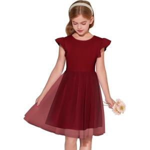 Haloumoning Girls Tutu Dress Ruffle Short Sleeve Fluffy Summer Party Tulle Dress for Kids 5-14Y(Wine Red)