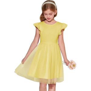 Haloumoning Girls Tutu Dress Ruffle Short Sleeve Fluffy Summer Party Tulle Dress for Kids 5-14Y(Yellow)