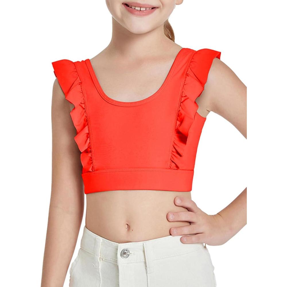 image:imageGirls Training Bra Cute Ruffle Sports Bra for Kids Comfort Dance Yoga Crop TopFluorescent Orange