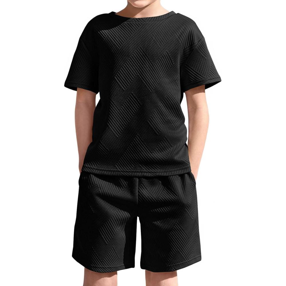 image:imageHaloumoning Boys 2 Piece Summer Outfits Short Sleeve Tshirts and Elastic Waist Shorts Casual Texture SetsBlack