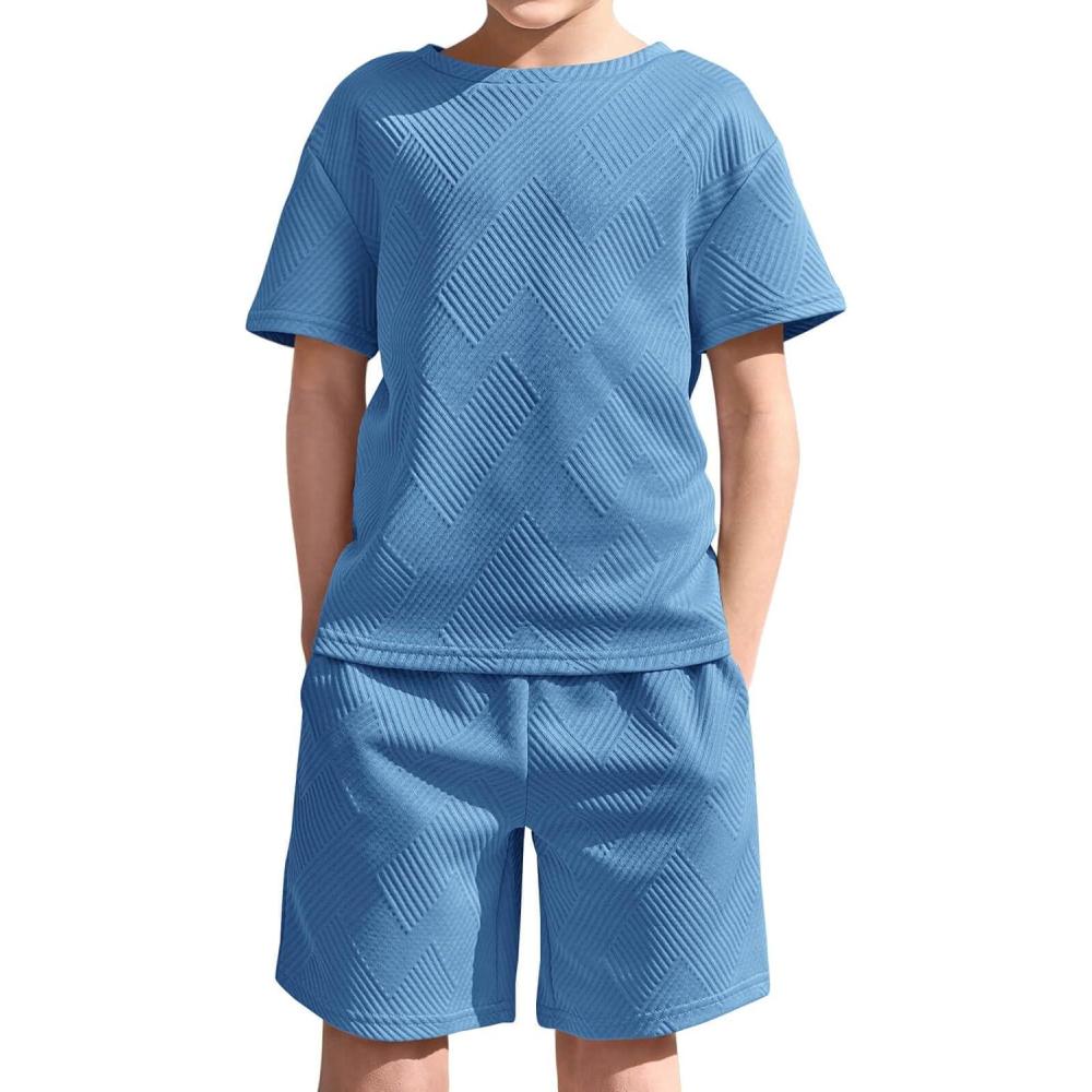 image:imageHaloumoning Boys 2 Piece Summer Outfits Short Sleeve Tshirts and Elastic Waist Shorts Casual Texture SetsBlue