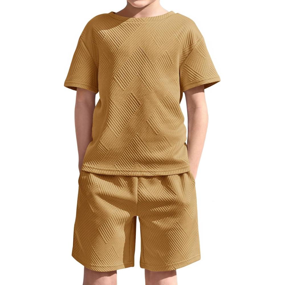 image:imageHaloumoning Boys 2 Piece Summer Outfits Short Sleeve Tshirts and Elastic Waist Shorts Casual Texture SetsKhaki