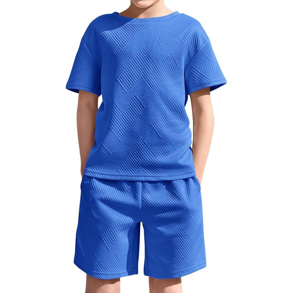 image:imageHaloumoning Boys 2 Piece Summer Outfits Short Sleeve Tshirts and Elastic Waist Shorts Casual Texture SetsRoyal Blue
