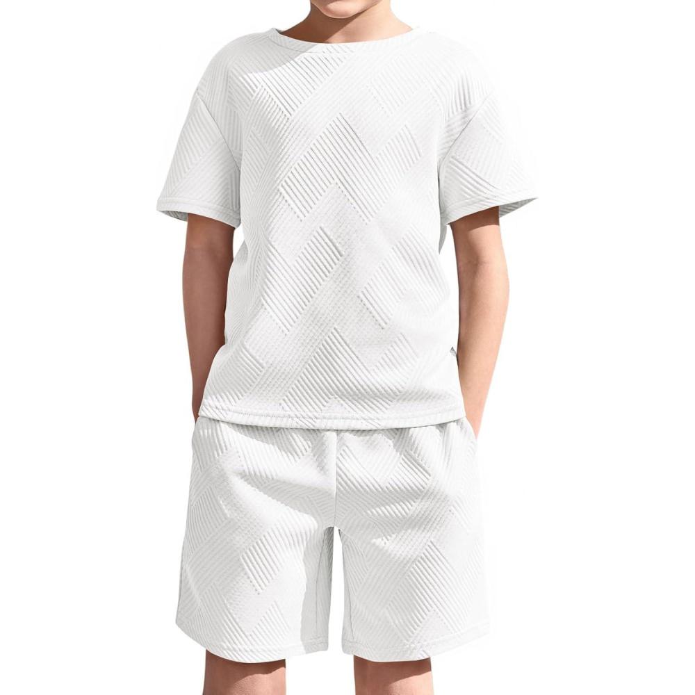 image:imageHaloumoning Boys 2 Piece Summer Outfits Short Sleeve Tshirts and Elastic Waist Shorts Casual Texture SetsWhite