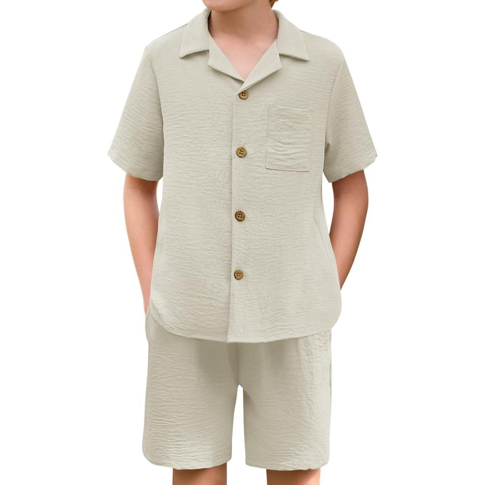 image:imageHaloumoning Boys 2 Pieces Summer Outfits Beach Short Sleeve Button Down Shirts and Shorts Vacation Texture Sets for KidsBeige