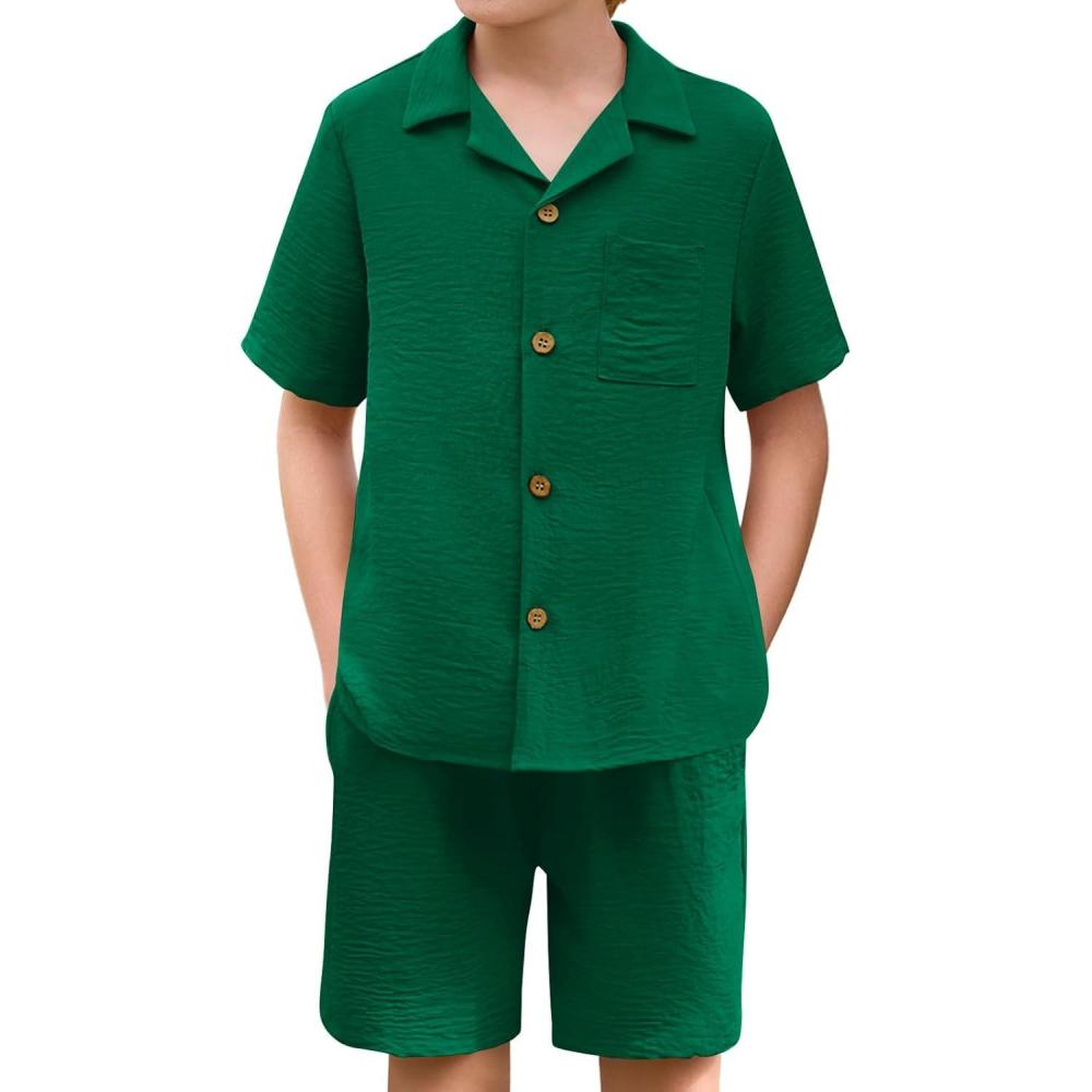 image:imageHaloumoning Boys 2 Pieces Summer Outfits Beach Short Sleeve Button Down Shirts and Shorts Vacation Texture Sets for KidsDark Green