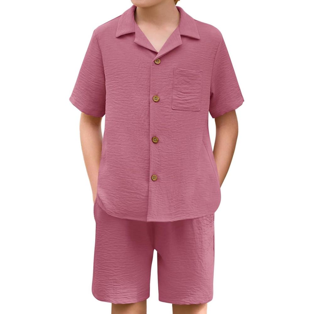 image:imageHaloumoning Boys 2 Pieces Summer Outfits Beach Short Sleeve Button Down Shirts and Shorts Vacation Texture Sets for KidsPurple Red