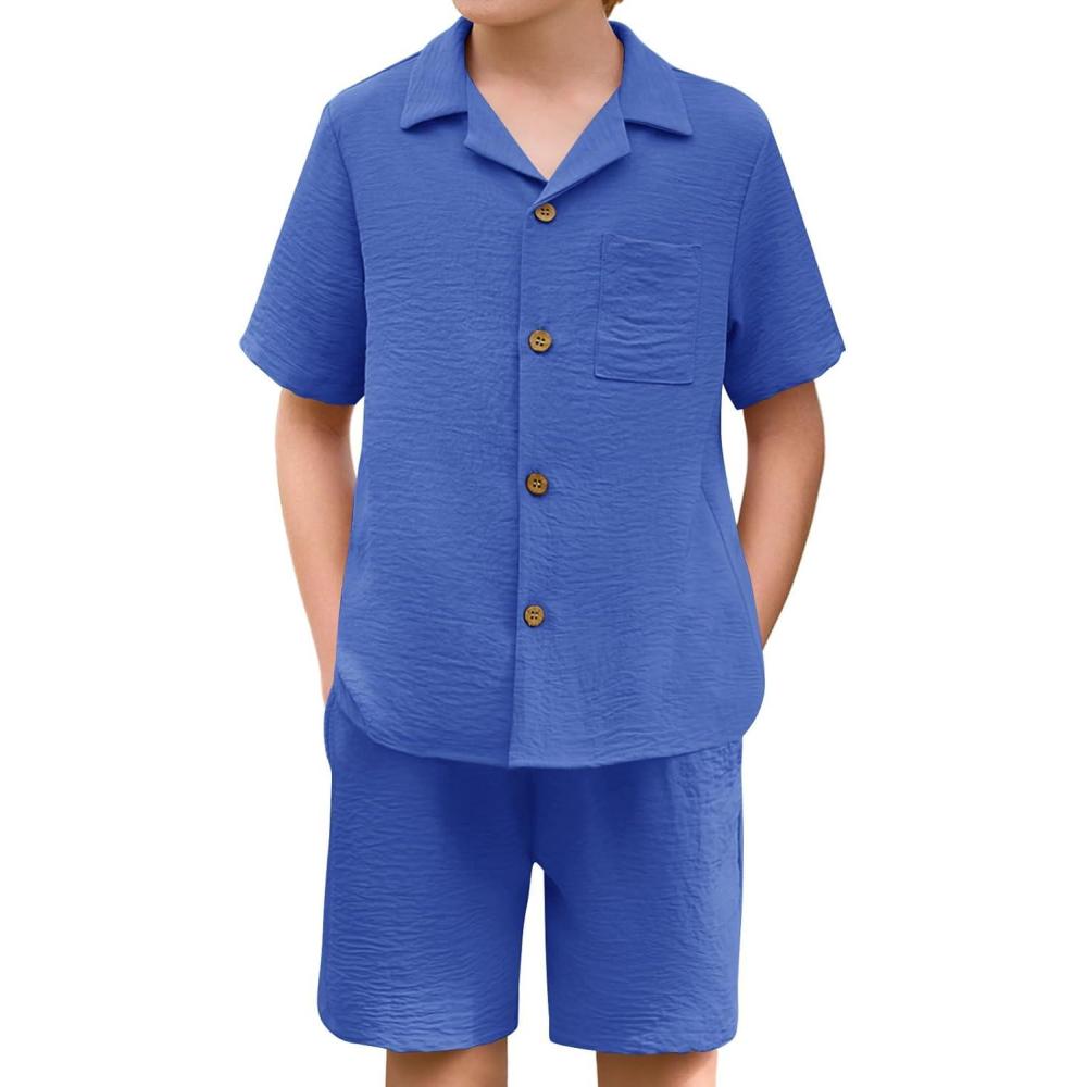 image:imageHaloumoning Boys 2 Pieces Summer Outfits Beach Short Sleeve Button Down Shirts and Shorts Vacation Texture Sets for KidsRoyal Blue