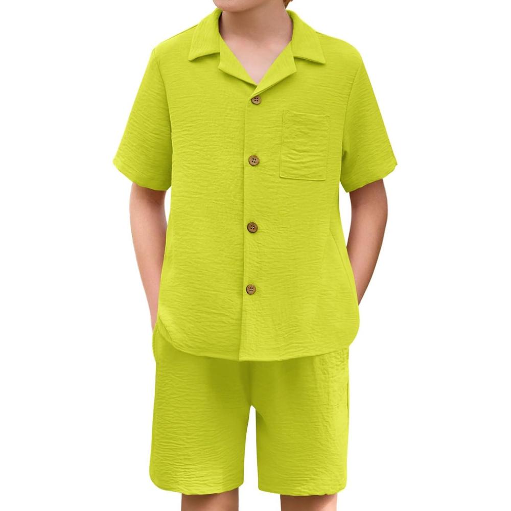 image:imageHaloumoning Boys 2 Pieces Summer Outfits Beach Short Sleeve Button Down Shirts and Shorts Vacation Texture Sets for KidsYellow Green