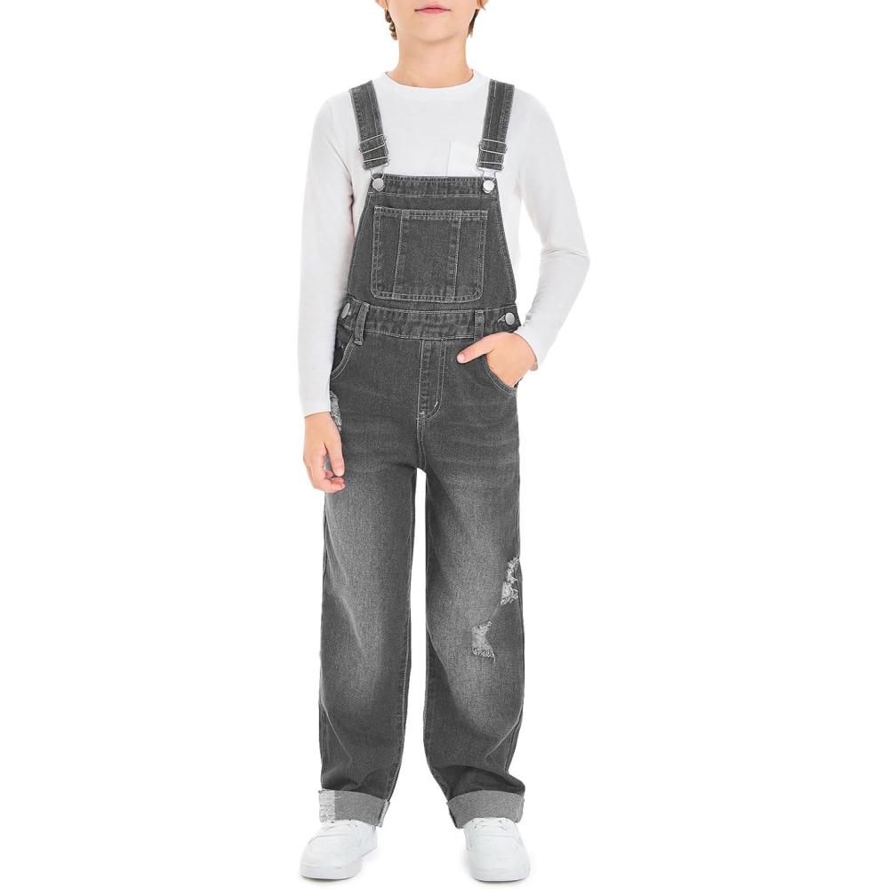 image:imageHaloumoning Boys Denim Bib Overalls with Adjustable Straps and Convenient Tool Pockets 514 YearsGray