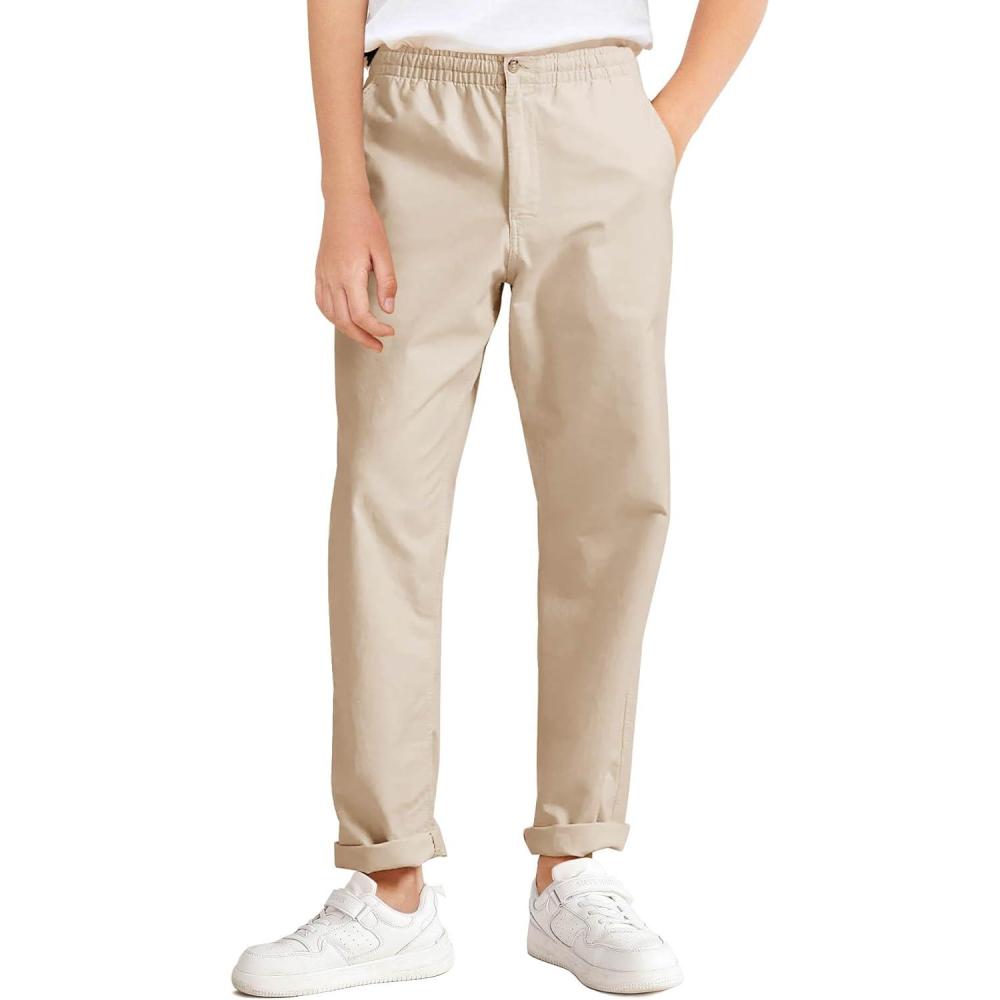 image:imageHaloumoning Boys School Uniform Chino Pants Kids Elastic Waist Pull on Twill Pants with Pockets 514 YearsApricot