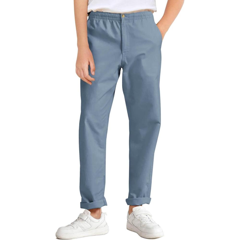 image:imageHaloumoning Boys School Uniform Chino Pants Kids Elastic Waist Pull on Twill Pants with Pockets 514 YearsBluish Grey