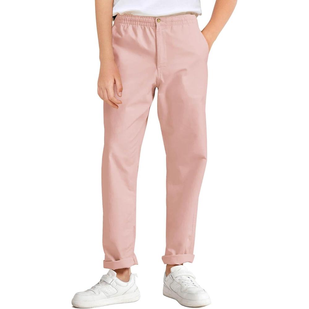 image:imageHaloumoning Boys School Uniform Chino Pants Kids Elastic Waist Pull on Twill Pants with Pockets 514 YearsLight Pink