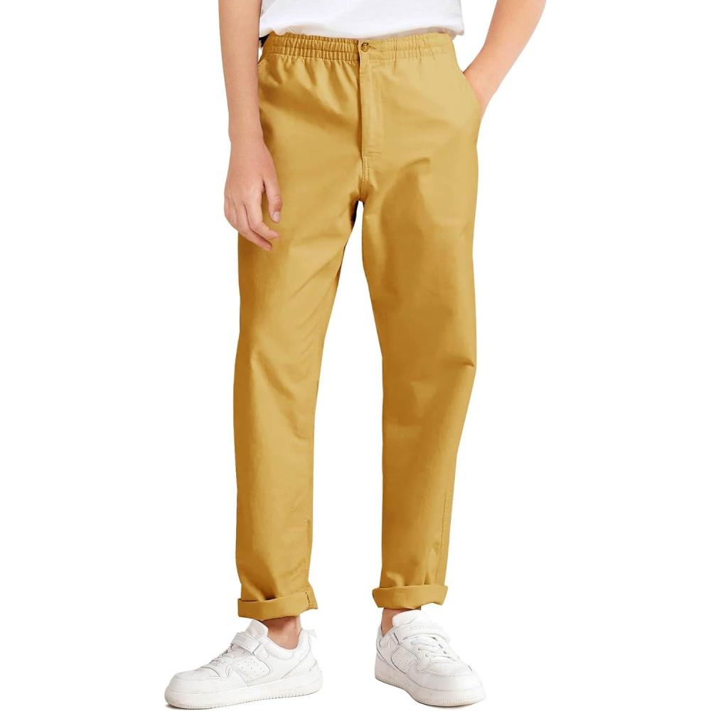 image:imageHaloumoning Boys School Uniform Chino Pants Kids Elastic Waist Pull on Twill Pants with Pockets 514 YearsMustard