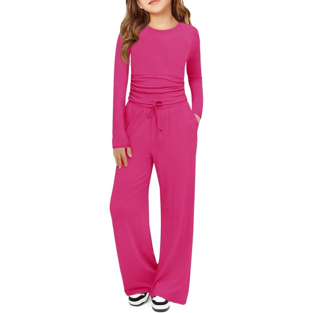 image:imageHaloumoning Girls 2 Piece Outfits Kids Ruched Long Sleeve Tops and Wide Leg Pants with Pockets Sweatsuit Clothing SetsHot Pink