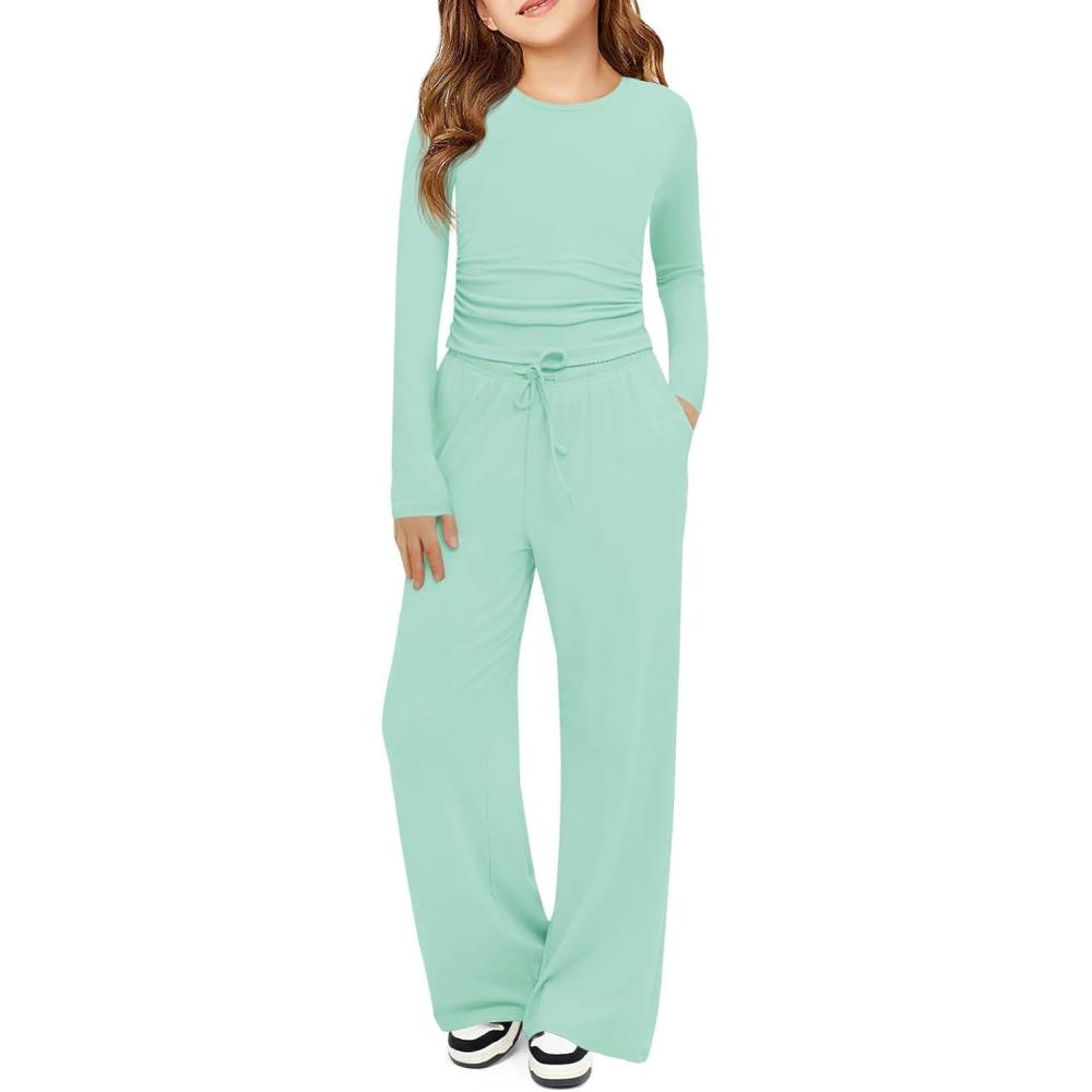 image:imageHaloumoning Girls 2 Piece Outfits Kids Ruched Long Sleeve Tops and Wide Leg Pants with Pockets Sweatsuit Clothing SetsMint