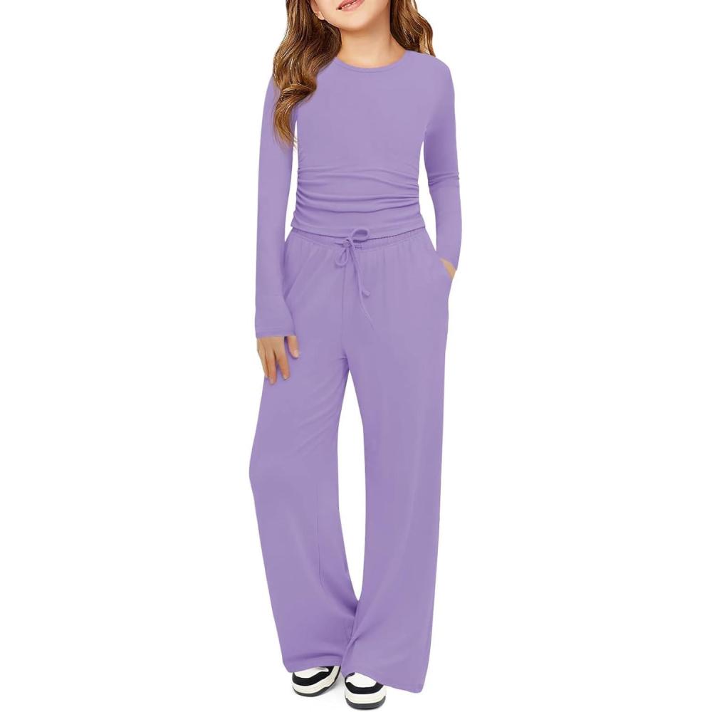 image:imageHaloumoning Girls 2 Piece Outfits Kids Ruched Long Sleeve Tops and Wide Leg Pants with Pockets Sweatsuit Clothing SetsPurple