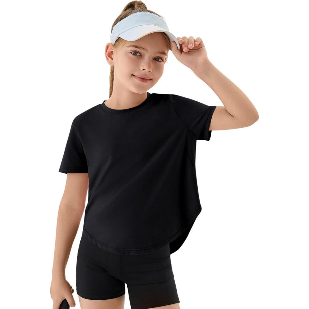 image:imageHaloumoning Girls Athletic Shirts Kids Short Sleeve Quick Dry Active Sports Tops Tees 514 YearsBlack