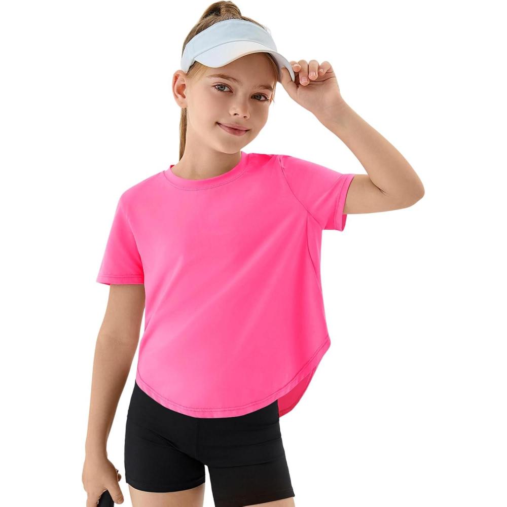 image:imageHaloumoning Girls Athletic Shirts Kids Short Sleeve Quick Dry Active Sports Tops Tees 514 YearsPink