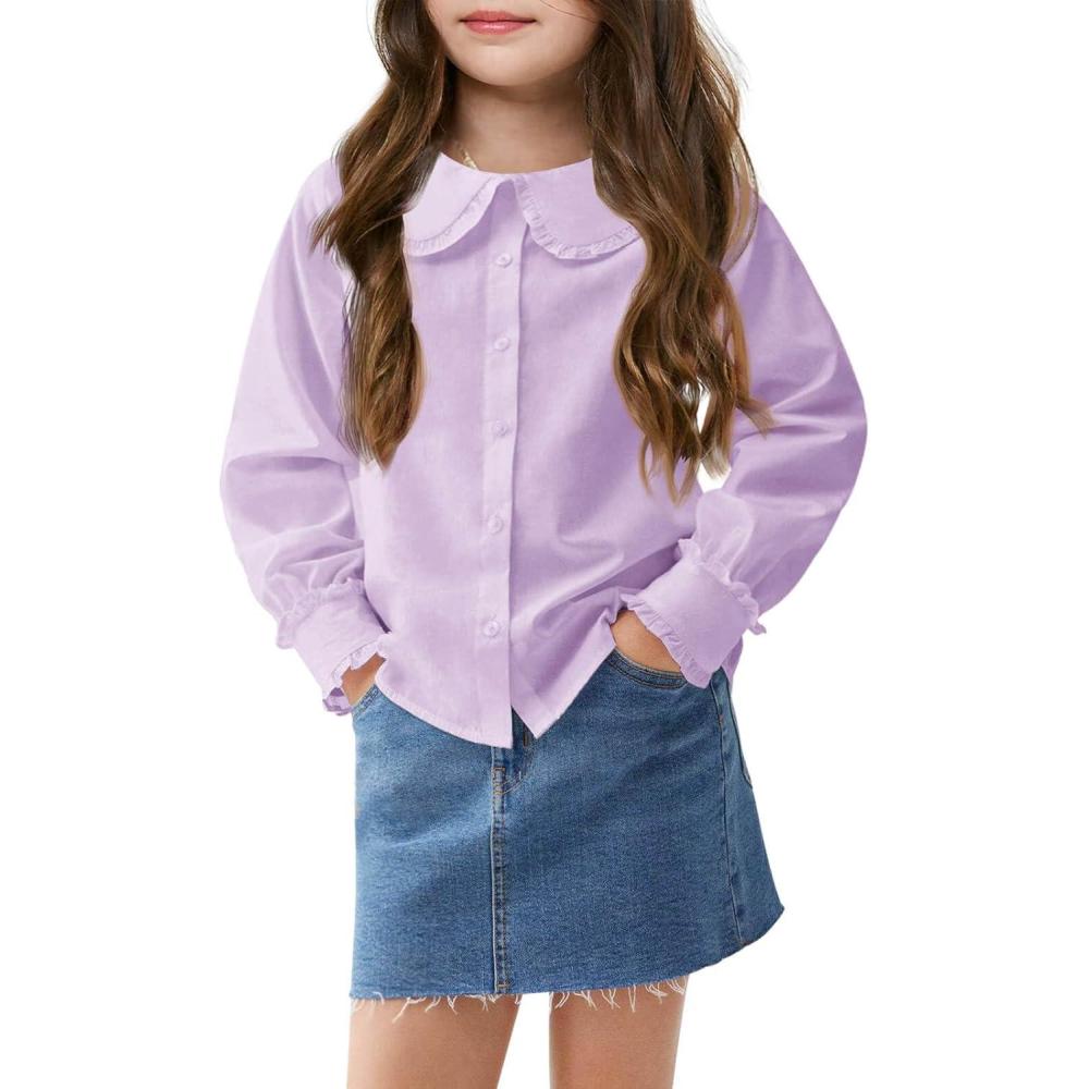 image:imageHaloumoning Girls Baby Doll Collar Shirt Classic Long Sleeve Button Down Uniform Shirts Soft Blouse TopsPurple