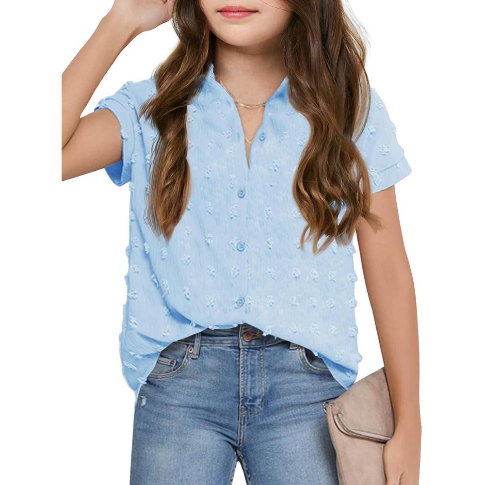 image:imageHaloumoning Girls Button Down Shirts Short Sleeve Kids Casual Chiffon Blouse Summer Tops TShirtLight Blue