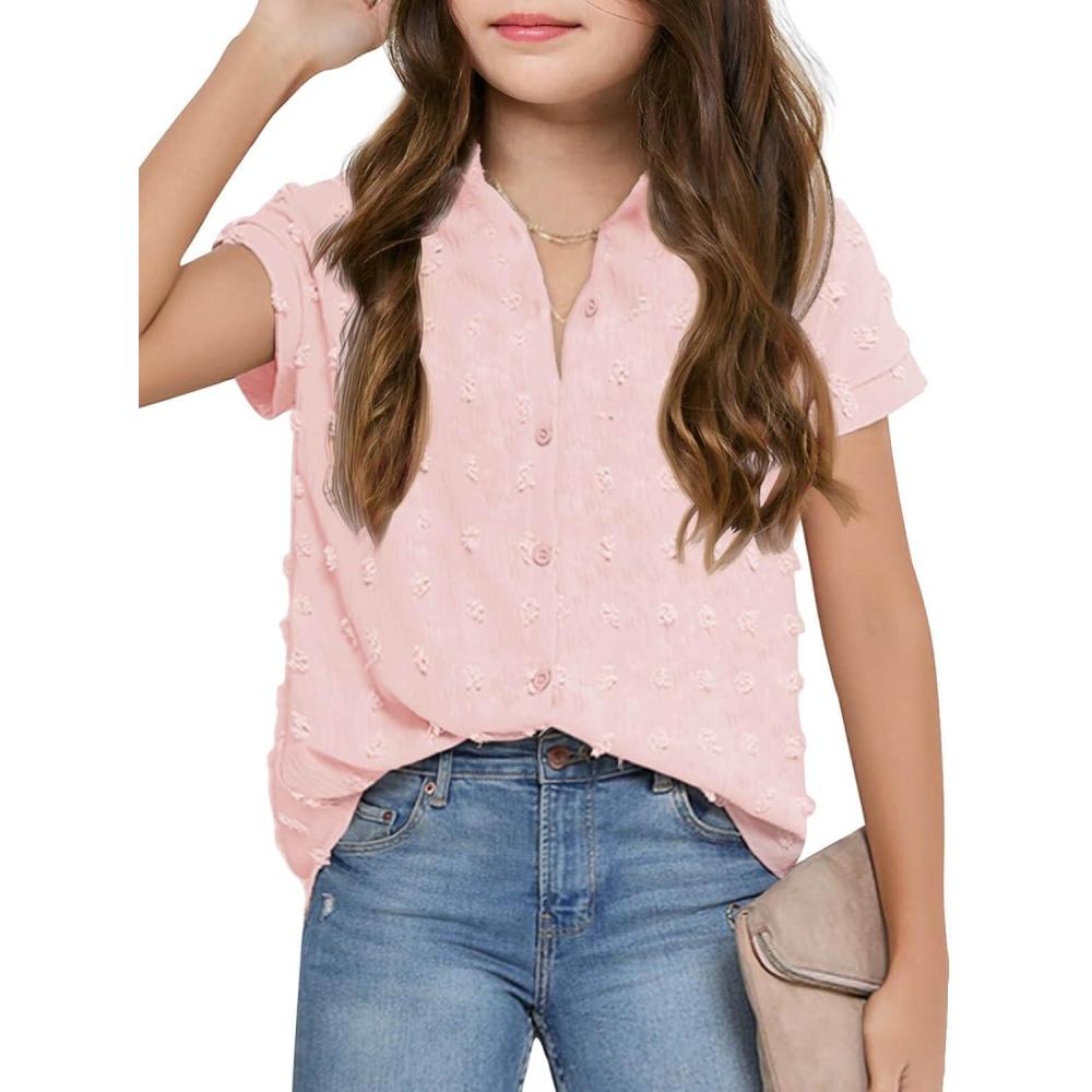image:imageHaloumoning Girls Button Down Shirts Short Sleeve Kids Casual Chiffon Blouse Summer Tops TShirtPink