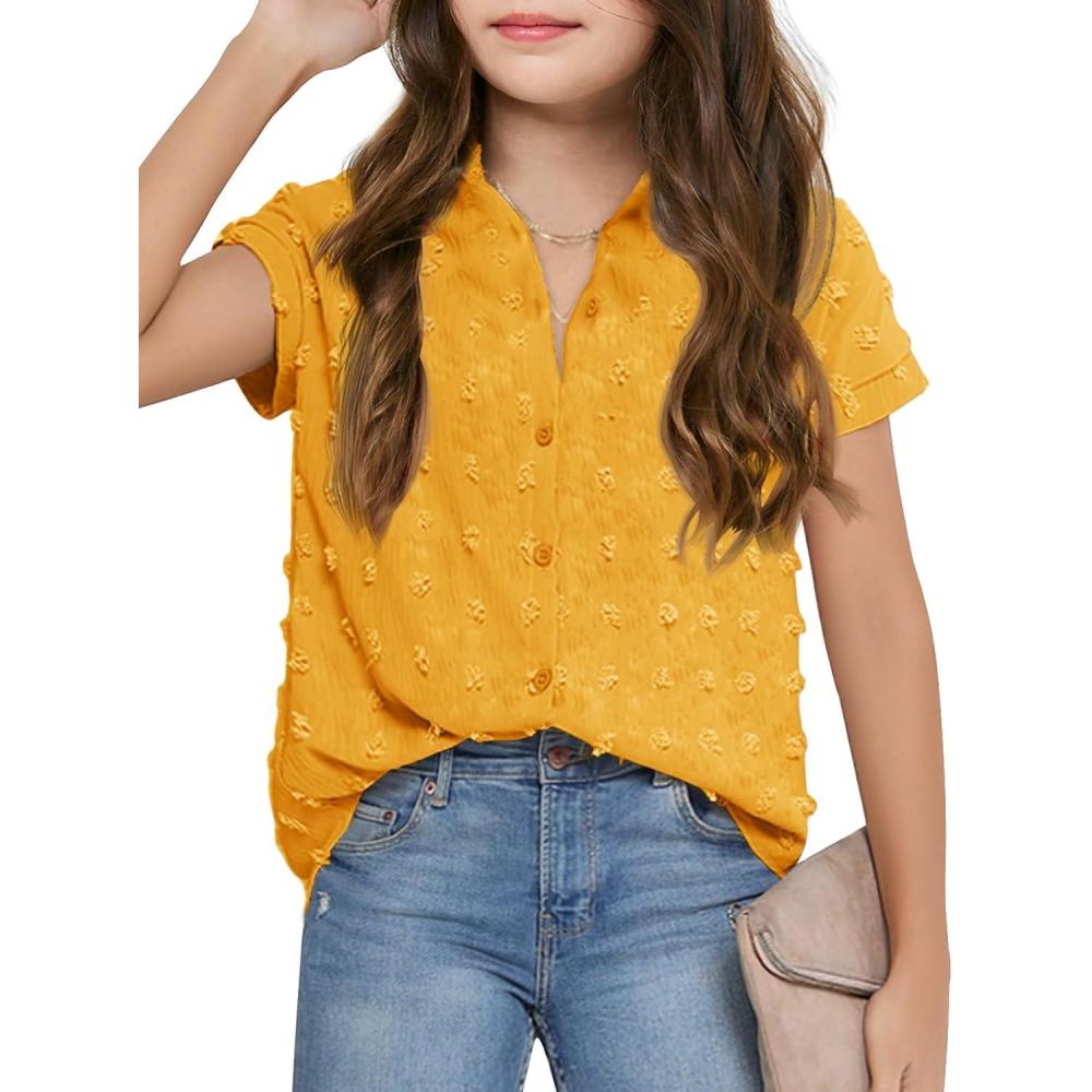 image:imageHaloumoning Girls Button Down Shirts Short Sleeve Kids Casual Chiffon Blouse Summer Tops TShirtYellow
