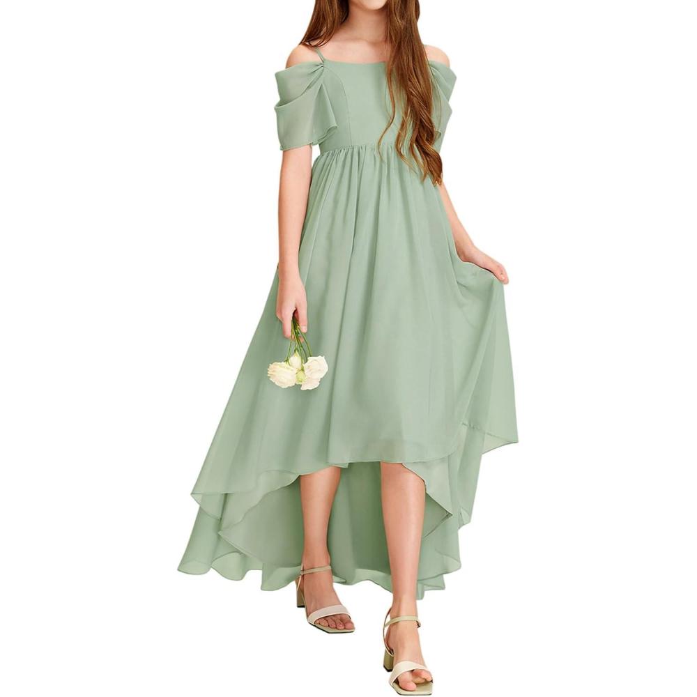 image:imageHaloumoning Girls Cold Shoulder Dress Aline Asymmetrical Chiffon Junior Bridesmaid Birthday Party DressGreen