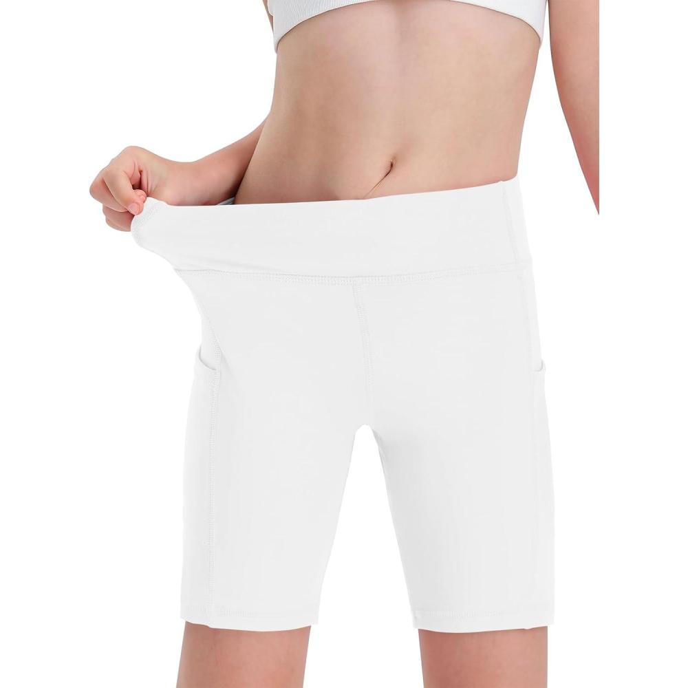 image:imageHaloumoning Girls Volleyball Spandex Shorts Kids Athletic Biker Dance Gymnastics Compression Shorts with PocketsWhite