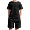 Haloumoning Boys 2 Piece Summer Outfits Short Sleeve Tshirts and Elastic Waist Shorts Casual Texture Sets(Black)