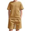 Haloumoning Boys 2 Piece Summer Outfits Short Sleeve Tshirts and Elastic Waist Shorts Casual Texture Sets(Khaki)