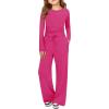 Haloumoning Girls 2 Piece Outfits Kids Ruched Long Sleeve Tops and Wide Leg Pants with Pockets Sweatsuit Clothing Sets(Hot Pink)