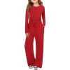 Haloumoning Girls 2 Piece Outfits Kids Ruched Long Sleeve Tops and Wide Leg Pants with Pockets Sweatsuit Clothing Sets(Red)